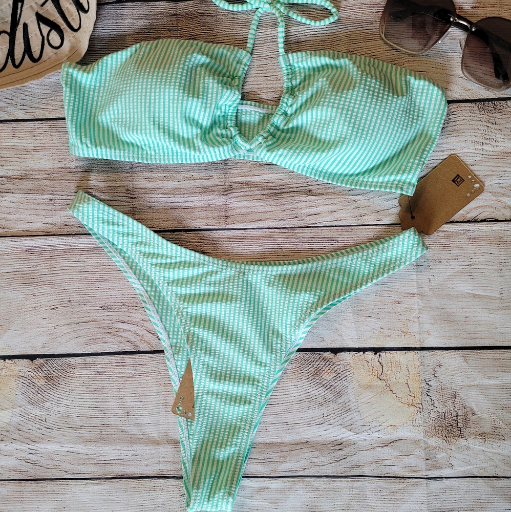 Sexy High Waist Bandeau Mint Striped Bikini✨️ - Picture 5 of 12